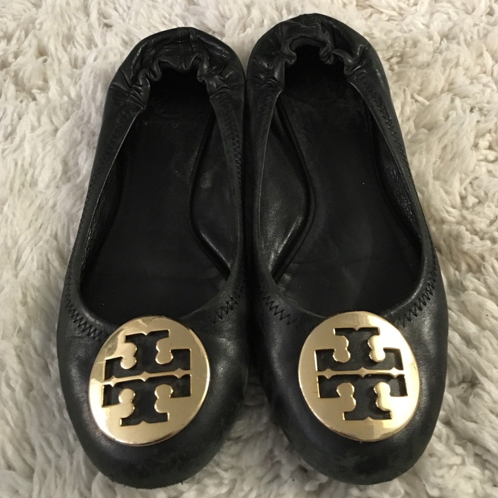 Tory Burch Black Reva Flat with Gold Emblem